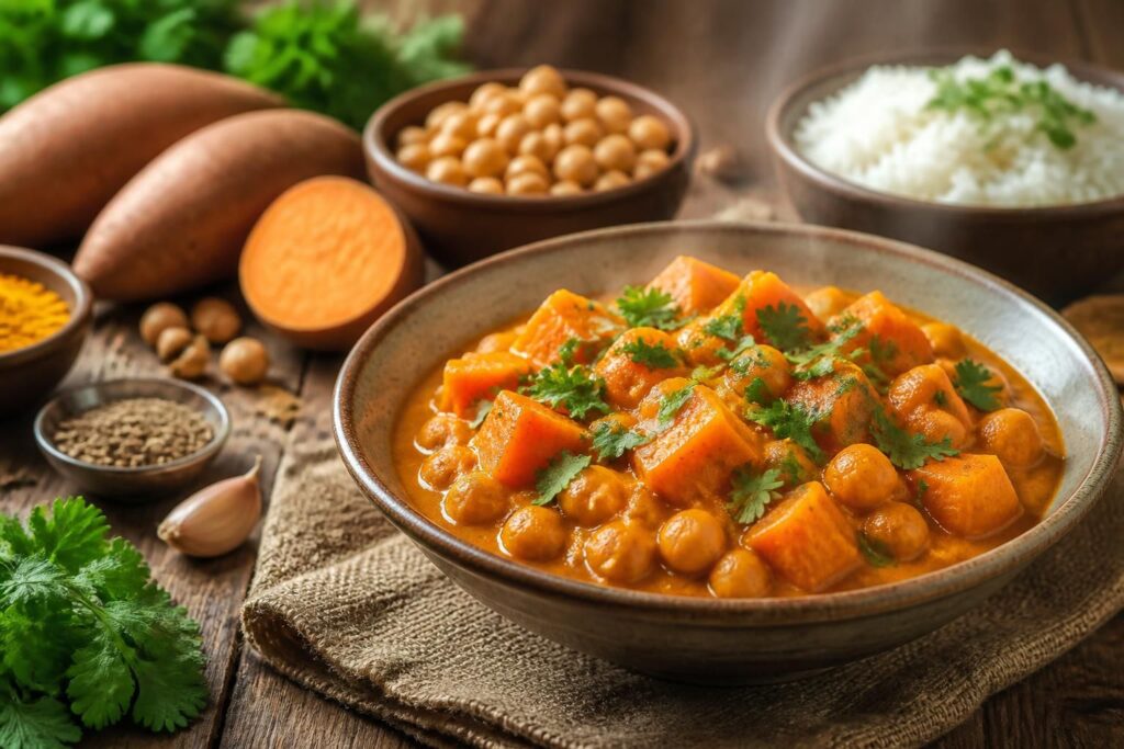 découvrez notre recette gourmande et végétarienne de curry patate douce pois chiche, un plat savoureux et sain à essayer absolument.