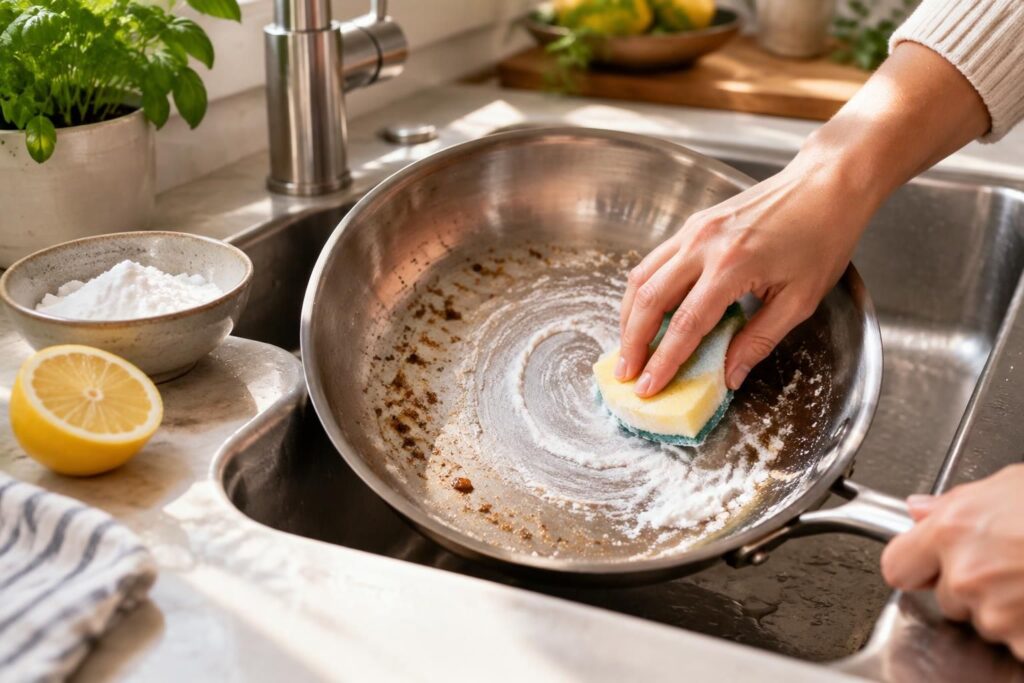 découvrez des astuces naturelles et efficaces pour nettoyer une poêle en inox sans la rayer, éliminer les résidus et lui rendre son éclat.