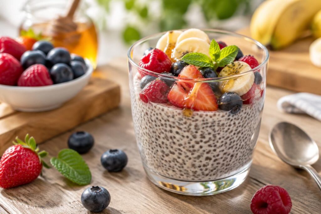 découvrez une verrine aux graines de chia, légère et gourmande, idéale pour un dessert sain, facile à préparer et plein de douceur.